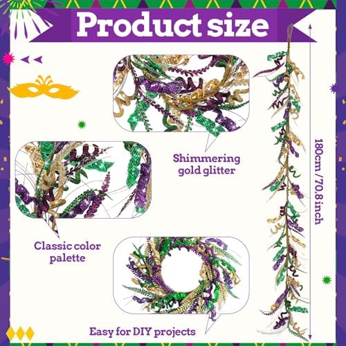 Suncalla 6 ft Mardi Gras Garland Purple Green Gold Glitter Garland Mardi Gras Hanging Decorations for Front Door Carnival Party Wreaths Home Indoor Outdoor Fireplace Decor - Image 3