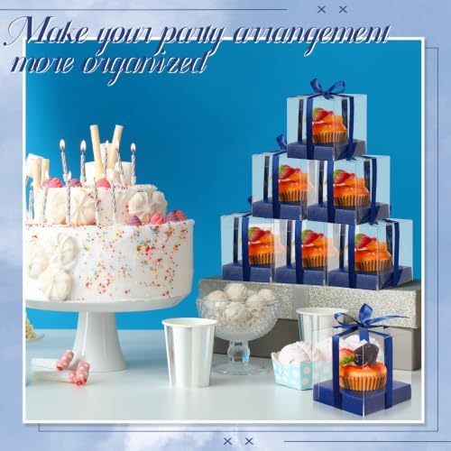 Gerrii 100 Pcs Clear Plastic Individual Cupcake Boxes 3.5" Single Cupcake Containers Transparent Ornament Gift Box with Inserts and Ribbon for Wedding Baby Shower Party Favor(Navy Blue) - Image 4