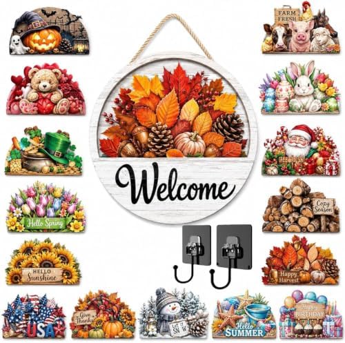 16 PCS Interchangeable Welcome Sign for Front Door 11.8'' Magnetic Wood Decor, Wooden Farmhouse Rustic Outdoor Welcome Signs Porch，door sign by Unknown