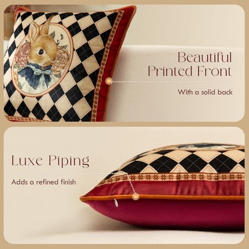 Vintage Christmas Pillow Cover 18x18, Checkered Bunny - Image 4