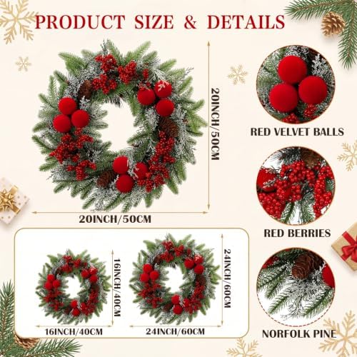 20inch Christmas Wreath, Velvet Balls Berries and Pinecones - Image 2