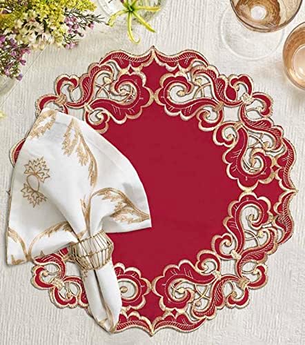 Decozen Set of 8 Doilies for Table, Lace Doilies Rustic Farmhouse Kitchen Dining Table Centerpiece Decor, 15 Inch Gold Burgundy Round Placemats for Home, Valentines Day Gifts, Valentines placemats - Image 5