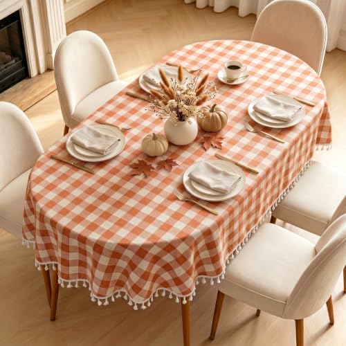 Fall Orangle Gingham Oval Tablecloth, Cotton Linen Texture, 52"x70" by Pavorin