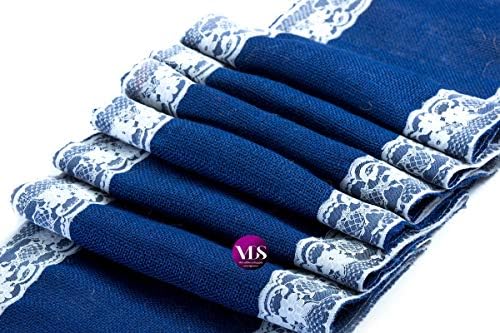 VDS Pack of 10, Burlap Table Runner with White Lace Edge, 100% Natural Jute Rustic Hessian Table Cloth Centerpiece for Wedding Birthday Party Banquet Table Decoration (Size 12X108 Inch)(Royal Blue) - Image 2