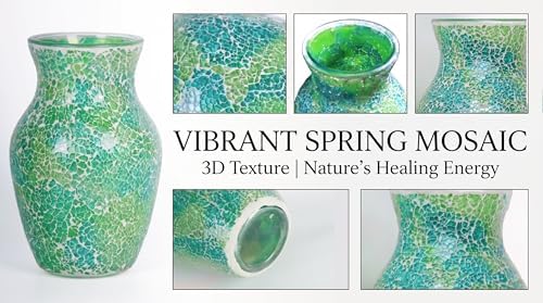 8" Organic Green Mosaic Vase, Heavy Glass Healing Spring Decor Centerpiece, Hand-Pasted Crackle Glass Flower Vase with Anti-Slip Base, Boho Nature Accent for Living Room & Bathroom - Image 5