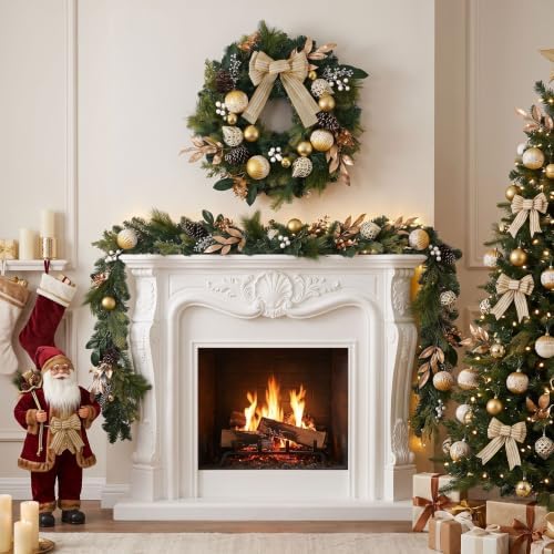 DecorbyHannah 24" Prelit Christmas Wreath for Front Door with Light (Gold) - Image 2