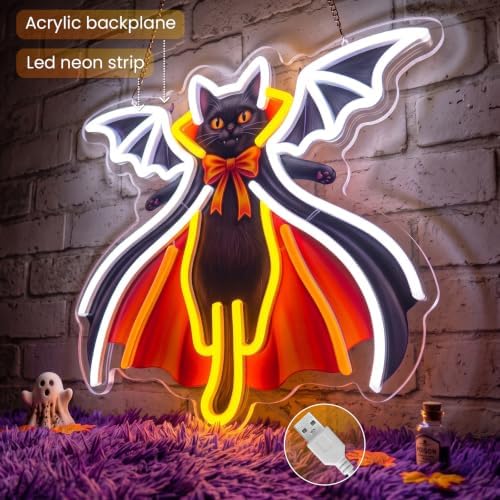 Bat Cat Halloween Neon Sign,Dimmable USB LED Wall Light - Image 2