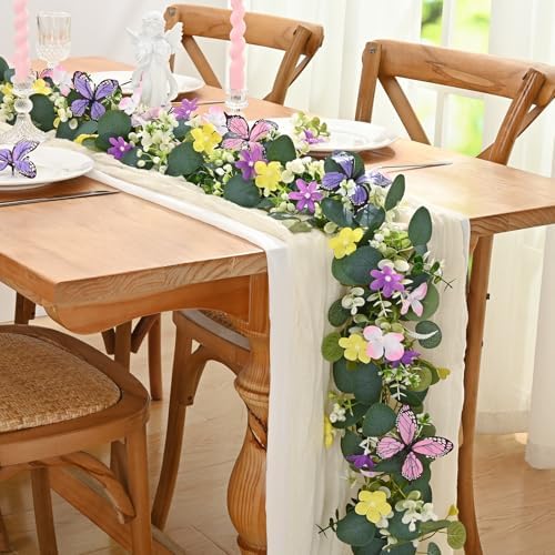 Waipfaru 4Pcs Eucalyptus Garland with Daisy 3D Butterfly, Green Garland with Flowers, 5.9FT Artificial Faux Eucalyptus Leaves Vines for Table Mantle Home Wedding Party Indoor Outdoor Decor - Image 6