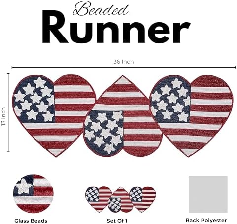 Independence Day 4th of July Patriotic Theme American Flag Table Runner - Heart Shape Decorative Beaded Runner for Christmas Holiday Harvest Easter Events - 13x36 - Red Multi - Image 4