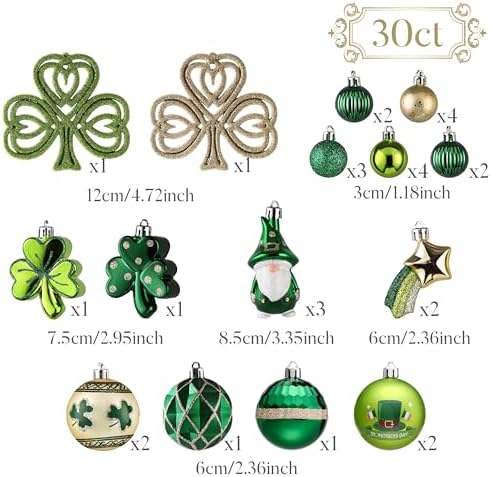 Valery Madelyn St Patricks Day Decorations Shamrock Tree Ornament,30pcs Hanging Ball Ornament Gnome Decor for Irish Festival, Good Luck Clover Emerald Green Gold Christmas Ball for Party Home Spring - Image 3