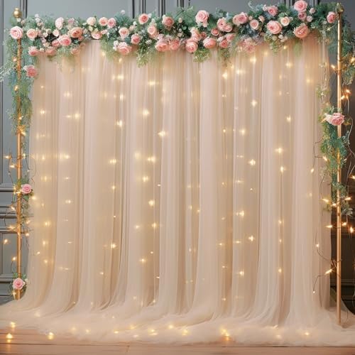 10x10ft Champagne Tulle Backdrop Curtain with Lights String for Parites, Sheer Backdrop Curtains for Wedding Baby Shower Birthday Party Photo Shoot Decorations by Partisky