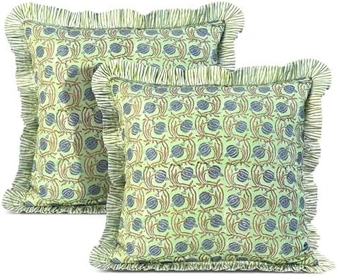 Ridhi Apple Green Floral Block Print Throw Pillow Covers 20x20 Inch by Ridhi