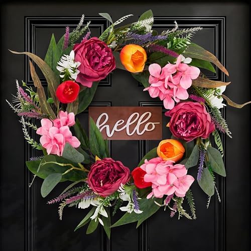 18in Summer Wreath for Front Door, Realistic Artificial Floral Door Wreath with Real Rattan Base, Includes 2 Matching Bouquets, Fake Flower for Spring Front Home, Mother's Day by IDEALHOUSE
