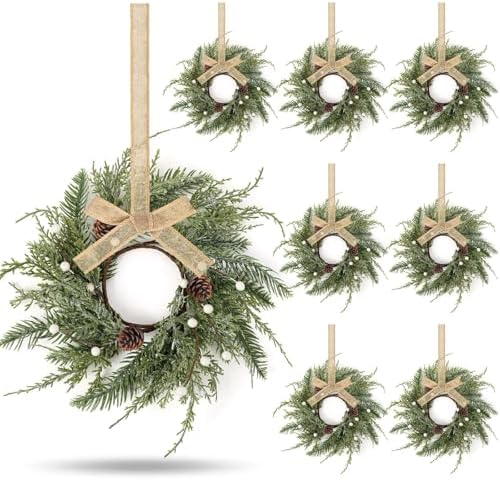 8 PCS Christmas Wreath Christmas Kitchen Cabinet Wreaths with Burlap Ribbon Mini Wreath Pine Garland Frosted Cedar Pine Cone Hanging Garlands Candle Rings for Front Door Window Chair Wall by Unknown