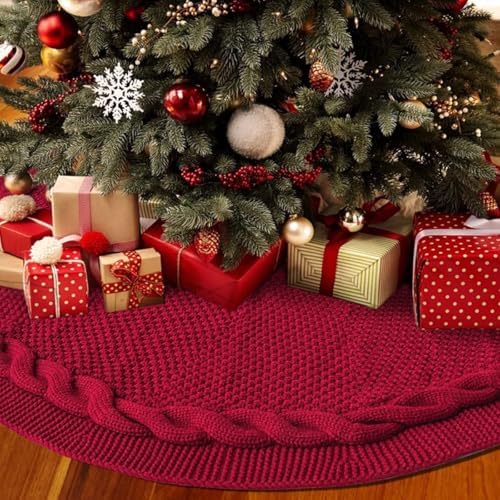 36 Inch Dark Red Knitted Christmas Maroon Tree Skirt， Large Xmas Tree Skirts Round Base Skirt for Holiday Party Decoration Ornament Supplies，for 6-8FT Tree Christmas Treer Burgundy Tree Skirt (36in) - Image 3