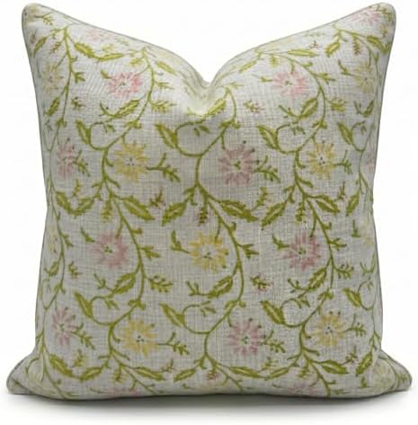 Decorative Pillow Cover French Country Pillow Cover Cottage Decor Floral Block Print, Farmhouse Decorative Cushion Cover, Spring Pillow Cover Line and Loop (Multicolor) by LineandLoop