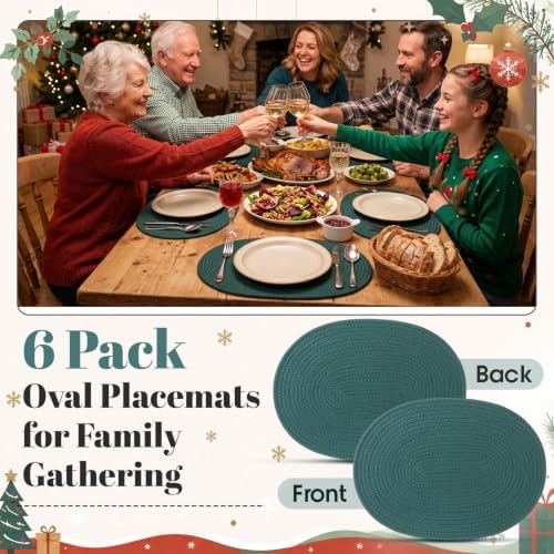 Oval Woven Placemats Set of 6, Cotton Rope 16x12 Inch, Green - Image 6