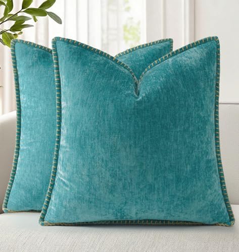 decorUhome Soft Chenille Throw Pillow Covers 24x24 Set of 2 Turquoise by decorUhome