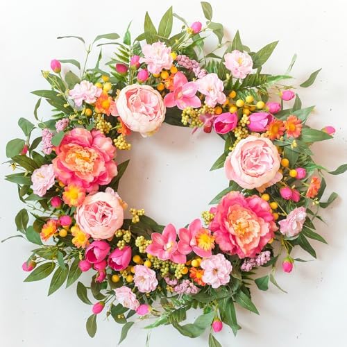 Vibrant Spring Wreaths for Front Door, 24 Inch Spring Wreath with Pink Peony Tulip Orchid， Artificial Flower Floral Decor for Front Entry Door Wall Window, Summer Decorations Indoor Outdoor by ChamBay