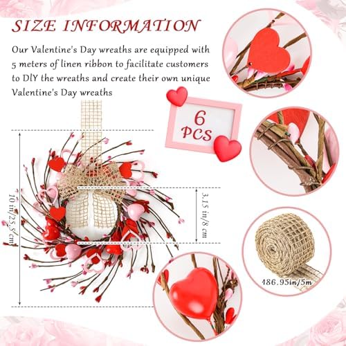 6 Pcs Valentines Day Wreaths Kitchen Cabinet Decor Farmhouse Artificial Red Pink Heart Berries Mini Valentine's Day Windows Wreaths for Front Door Porch Wall Decor - Image 3