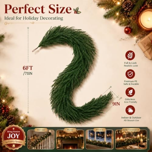 Grooy 6FT Christmas Norfolk Pine Garlands Set of 2 for Mantel Decor - Image 5