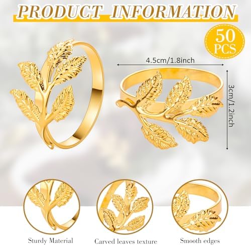 Bokon 50 Pcs Gold Napkin Rings Metal Napkin Holders Bulk, Small Leaves - Image 2
