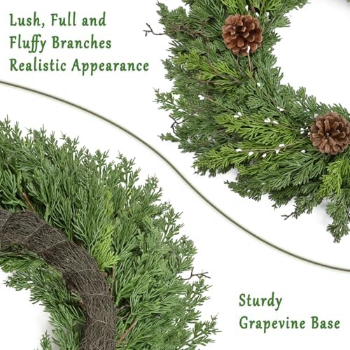 24 Inch Real Touch Lush Christmas Wreaths for Front Door with White Berries/Pine Cone Outdoor Christmas Decorations Winter Wreath Cypress Wreath for Windows Indoor Outside Xmas Home Decor Holiday - Image 5