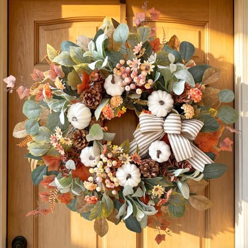 WANNA-CUL 24 Inch Farmhouse Fall Wreath for Front Door with White Pumpkin by WANNA-CUL