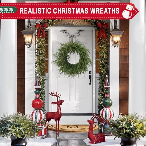 24 Inch Real Touch Christmas Wreath, Natural Droopy,Soft Bendable Winter Wreaths for Front Door, Christmas Wreaths for Front Door, Cedar Wreath, Indoor Christmas Decorations Outdoor for Home Decor - Image 2