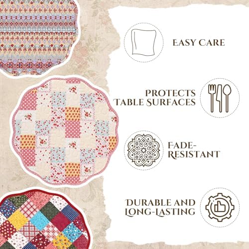 6 Pack Large Quilted Round Placemats 14 Inch Reversible Patchwork Cotton Table Mats, Vintage Floral Cottagecore Farmhouse Washable Dining Table Decor - Image 5