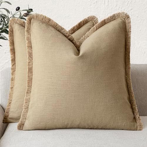 Foindtower Decorative Linen Fringe Throw Pillow Covers 22×22 Light Khaki by Foindtower