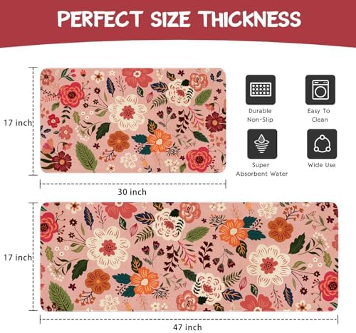 Boho Floral Kitchen Mat Set of 2,Modern Farmhouse Flowers Kitchen Rugs and Mats Non Skid Washable,Spring Summer Bohemian Kitchen Runner Rugs with Rubber Backing (Pink 17"x47"+17"x30") - Image 3