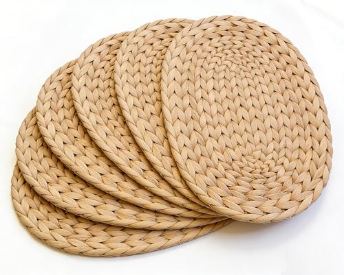 Natural Water Hyacinth Woven Placemats Set of 6, Straw Braided Rattan Placemats, Oval Woven Placemats, 12x16 Inches Plate Chargers Set, Non-Slip Heat Resistant Woven Chargers for Table by Unknown