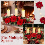 meekoo Christmas Centerpiece with 3 Candle Holders 3 LED Candles 1 String Lights Xmas Triple Candelabrum Poinsettia Red Berry Pine Cones with 3 Candle Holders for Tables Home Decorations - Image 4