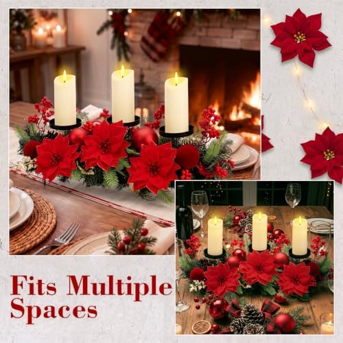 meekoo Christmas Centerpiece with 3 Candle Holders 3 LED Candles 1 String Lights Xmas Triple Candelabrum Poinsettia Red Berry Pine Cones with 3 Candle Holders for Tables Home Decorations - Image 4