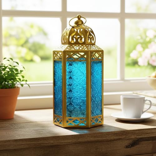 VELA LANTERNS 6-Pack Gold Metal Moroccan Decorative Candle Lantern Holder for Hanging or Table Centerpieces, Exotic Indoor Home Decor, Outdoor Patio or Porch, Weddings, Ramadan, Blue Glass, Large - Image 3