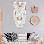 MEIZHIANDME Macrame Wall Hanging, Boho Woven Tapestry Wall Decor, Chic Bohemian Handmade Leaf Feather Wall Art Decorations for Bedroom Living Room Apartment Wedding Party (Leaf & Wood Bead) - Image 2