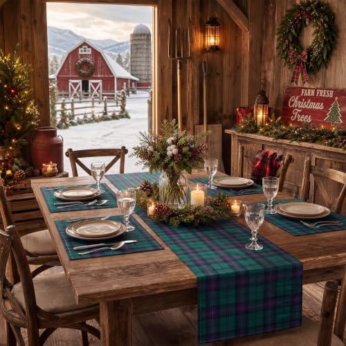 7 Pcs Christmas Tartan Plaid Table Runner and Placemat Set, Green - Image 6