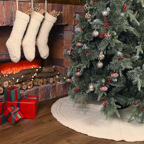 60 inch Christmas Tree Skirt: Large Tree Skirt for 9ft Tree, Braided Cable Knit Cream White Tree Skirt, Vintage Tree Skirts, Rustic Farmhouse Christmas Decorations - Image 5
