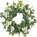 Summer Wreath for Front Door, 24 in Eucalyptus White Cherry Blossom by YUGALI