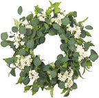 Summer Wreath for Front Door, 24 in Eucalyptus White Cherry Blossom by YUGALI