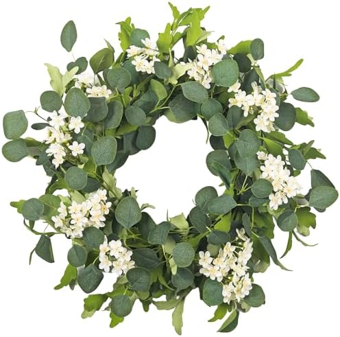 Summer Wreath for Front Door, 24 in Eucalyptus White Cherry Blossom by YUGALI