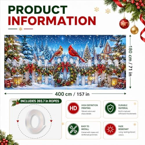 157.5 x 70.9 in Christmas Garage Door Decorations, Large Holiday Garage Door Banner with Winter Snow Scene, Cardinal Birds and Pine Trees Pattern, Outdoor Christmas Decorations for Home Yard Driveway - Image 5