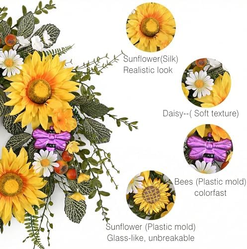 DecorbyHannah Sunflower Summer Wreaths for Front Door Outside All Season, 18 Inch Farmhouse Door Wreaths with Daisy and Bee, Sunflower Decor for Home Porch, Wedding Housewarming Gifts - Image 3
