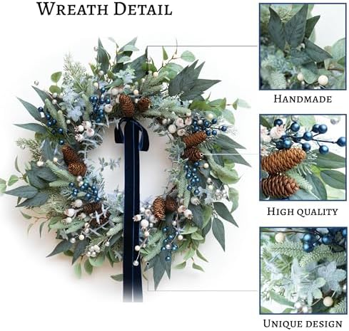 Winter Wreaths for Front Door 24 Inch Green Olive & Eucalyptus Wreath with Silver & White Berries, Pine Cones and Blueberries, Christmas & Holiday Indoor Outdoor Decor - Image 3