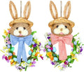 Zeyune 2 Pcs 18.1"x 11.4" Easter Bunny Wreath with Colorful Eggs Artificial Easter Wreath Mixed Flowers Green Leaves Hanging Bunny Shaped with Straw Hat and Bow for Front Door Wall(Bow Bunny) by Zeyune
