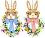 Zeyune 2 Pcs 18.1"x 11.4" Easter Bunny Wreath with Colorful Eggs Artificial Easter Wreath Mixed Flowers Green Leaves Hanging Bunny Shaped with Straw Hat and Bow for Front Door Wall(Bow Bunny) by Zeyune
