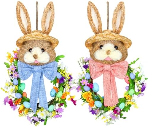 Zeyune 2 Pcs 18.1"x 11.4" Easter Bunny Wreath with Colorful Eggs Artificial Easter Wreath Mixed Flowers Green Leaves Hanging Bunny Shaped with Straw Hat and Bow for Front Door Wall(Bow Bunny) by Zeyune