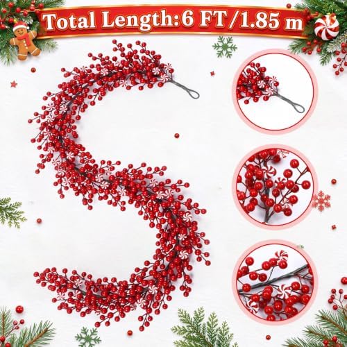 Thiccywoov 6 ft Christmas Candy Cane Garland for Mantel，Red and White - Image 3