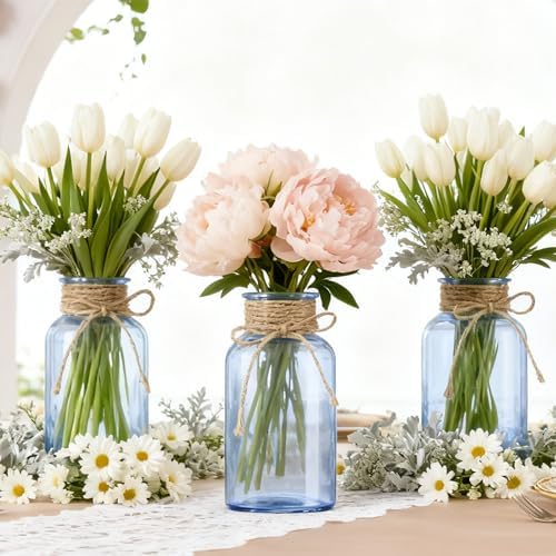 6 Pack Mason Jar Vases for Centerpieces, Blue Glass Flower Vase - Image 5